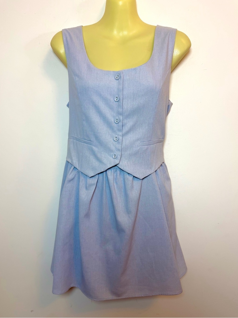 Paper Heart Sleeveless Mini Dress with Buttoned Vest Bodice in Light Blue